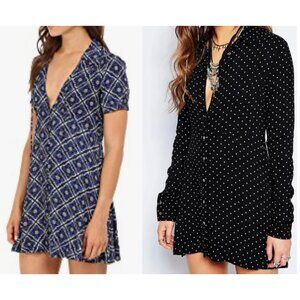 EUC 2 Free People Mini Shirt Dresses Black Polka Dots Size Small Melody Mosaic